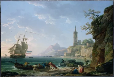 Paysage côtier en Méditerranée. Navire marchand néerlandais dans une baie.